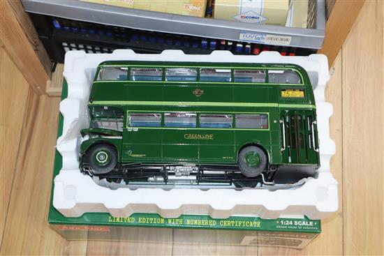 A Sun Star 1:24 scale Routemaster Green Line Bus, No. 1465/5000 and a collection of diecast models of buses and coaches